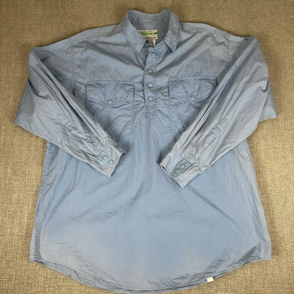 Orvis Shirt Mens L Blue Solid 1/4 Button Up Long Sleeve Buzz Off Fishing Polo